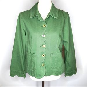 Isabella Bird Shacket Green Scalloped Button Up Cotton Jacket with Pockets Sz LP
